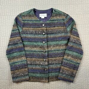 Vintage Mohair Cardigan Sweater Women Large Striped Knit Academia Fisherman 90s